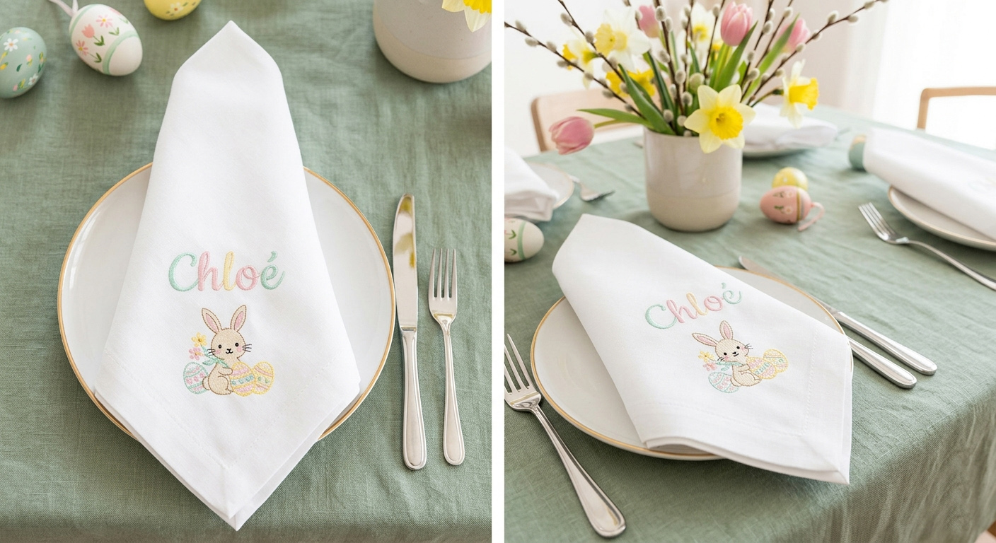 serviette brodée paques